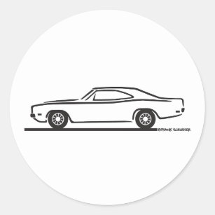 Black-and-white line drawing of a classic American muscle car, side profile, low-slung with bold wheels and sleek body lines.