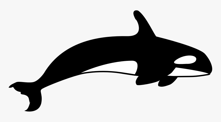 Black and white silhouette of an orca whale swimming left to right with distinctive eye patch and dorsal fin.