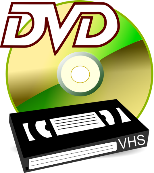 Illustration of a DVD disc with "DVD" text overlay and a VHS cassette below, symbolizing media format transition.