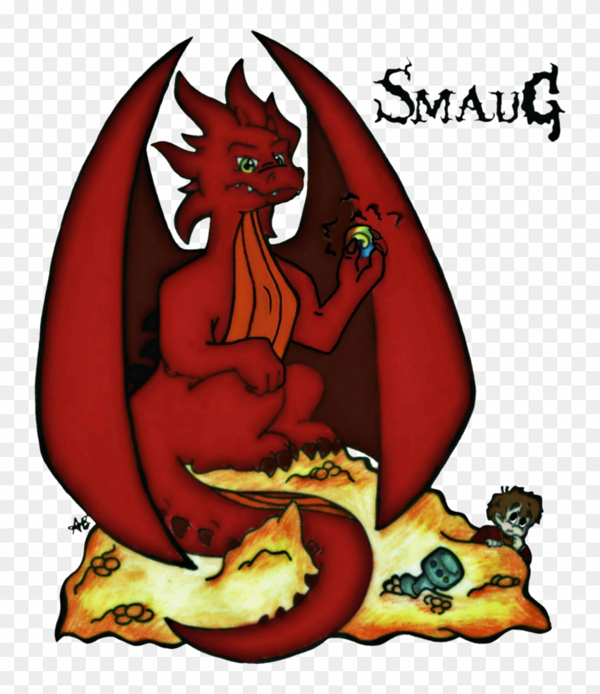 A red dragon named Smaug sits atop a pile of gold, holding a glowing gem, with a small figure hiding nearby.
