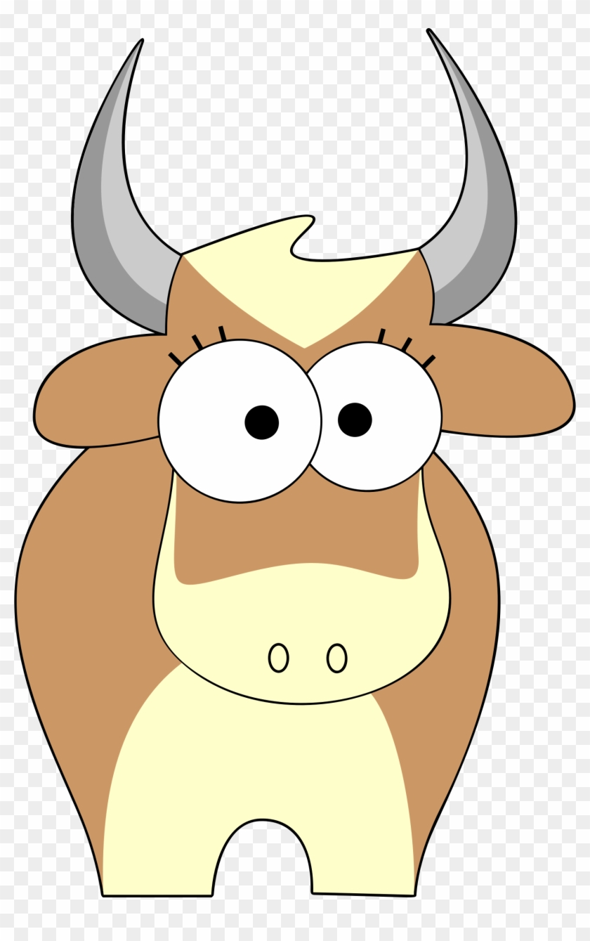 Cartoon brown and cream cow with large eyes, gray horns, and expressive face on transparent background.