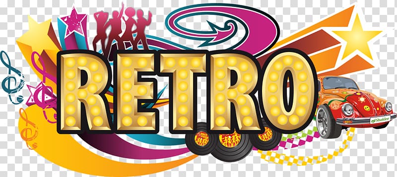 Vibrant retro-themed graphic with marquee-style "RETRO" text, classic VW Beetle, stars, musical notes, and colorful swirls.