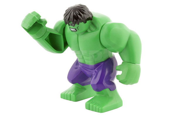 Green LEGO Hulk minifigure in dynamic pose, wearing purple pants and raising fist.