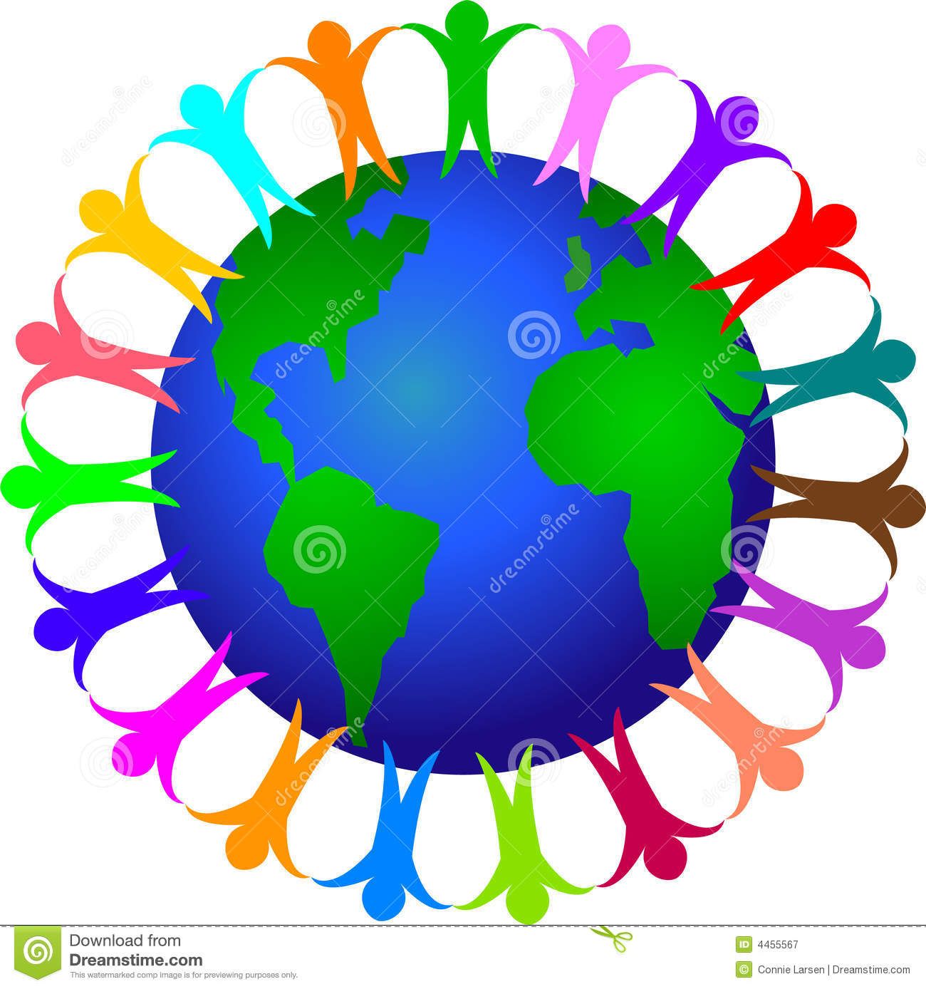 Colorful silhouettes of diverse people holding hands in a circle around a stylized Earth globe.