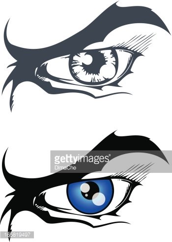 Stylized black-and-white and blue-iris eye illustrations with dramatic, sharp eyeliner and expressive detail.