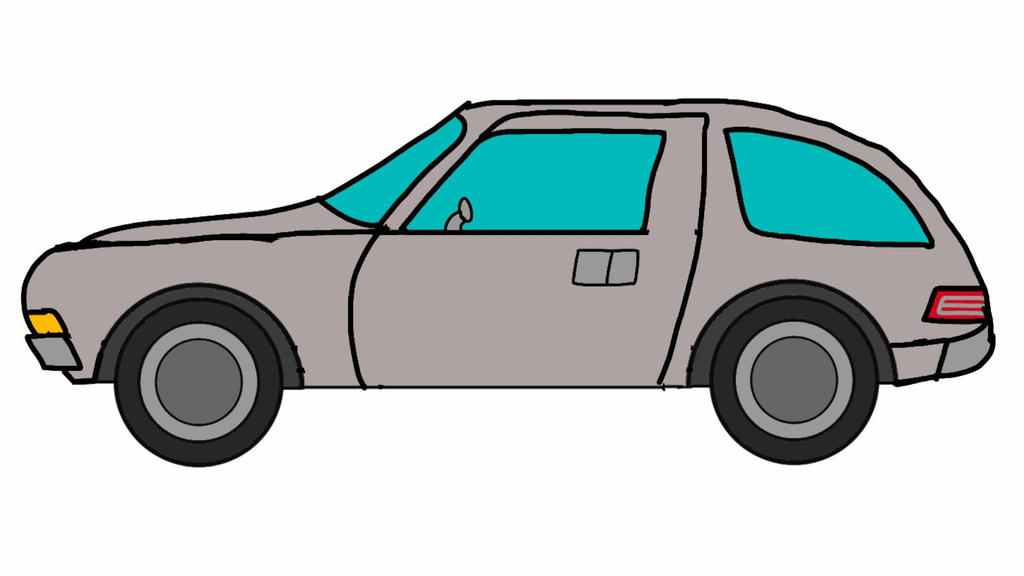 Hand-drawn illustration of a gray two-door hatchback car with teal windows and black wheels.