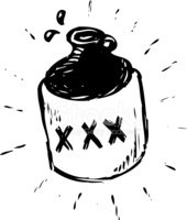 Hand-drawn sketch of a jug labeled "XXX", suggesting illicit or homemade alcohol, with liquid splashing from the top.