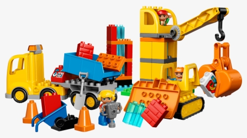 LEGO DUPLO construction set with crane, dump truck, excavator, and minifigures playing with colorful blocks.