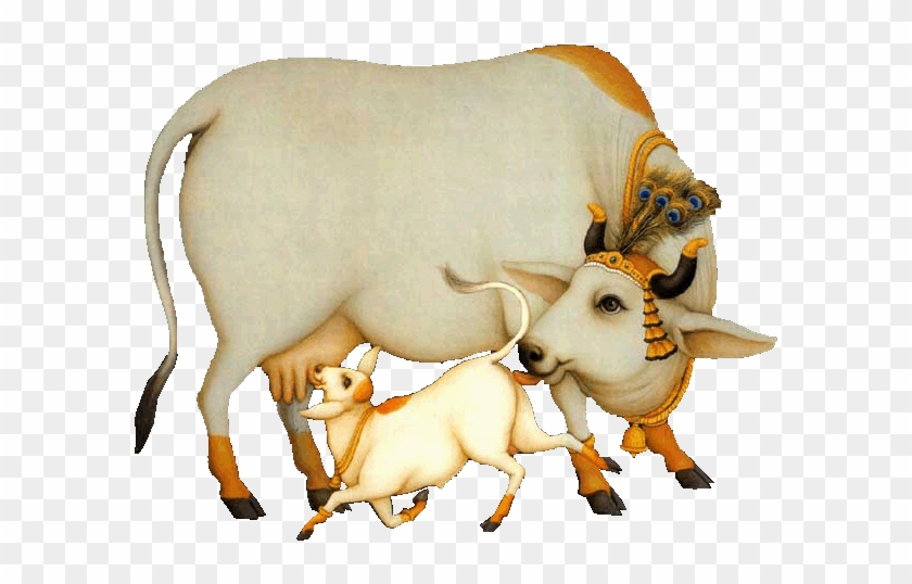 Decorated white cow with ornate headdress nursing a calf, traditional Indian artistic style.