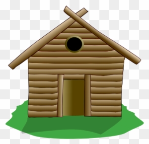 Simple wooden log cabin with round window, door, and crossed roof beams on green grass.