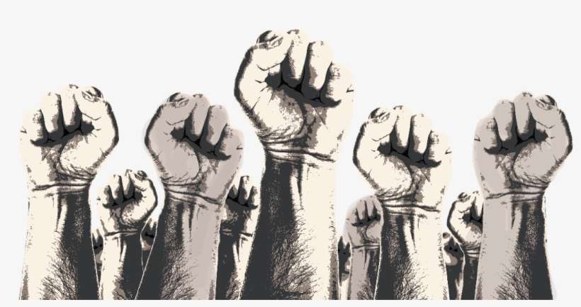 Multiple raised fists in solidarity, sketched in monochrome with strong contrast and textured detail.