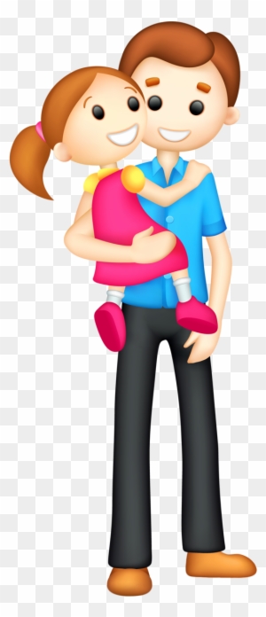A smiling cartoon father holding his young daughter in his arms; both are happy and warmly dressed.