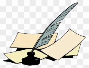 A classic quill pen dipped in an inkwell, resting on scattered parchment sheets.
