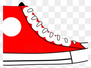 Red high-top sneaker with white laces, toe cap, and sole; minimalist cartoon-style illustration.