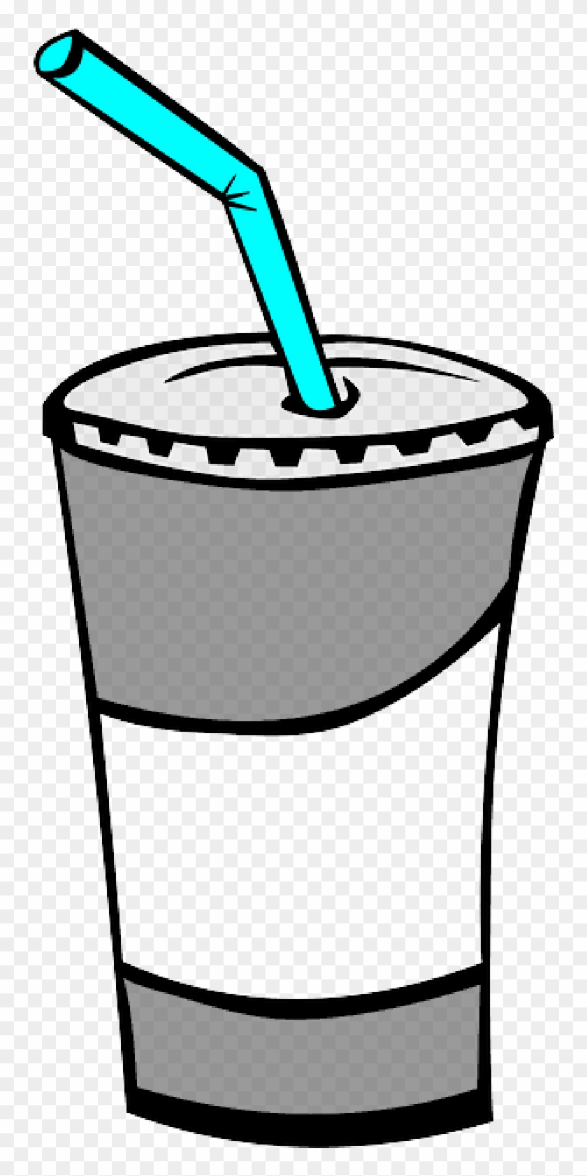 Cartoon-style soda cup with gray body, white label, and bright blue bendy straw on transparent background.