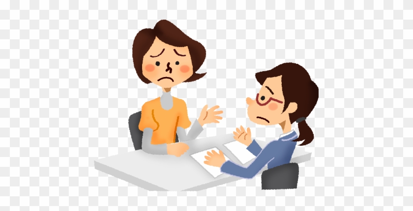 Two women in a tense discussion at a desk, one distressed and gesturing, the other listening with concern.