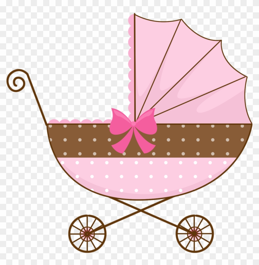 Pink and brown vintage baby carriage with polka dots and bow, cartoon-style illustration.
