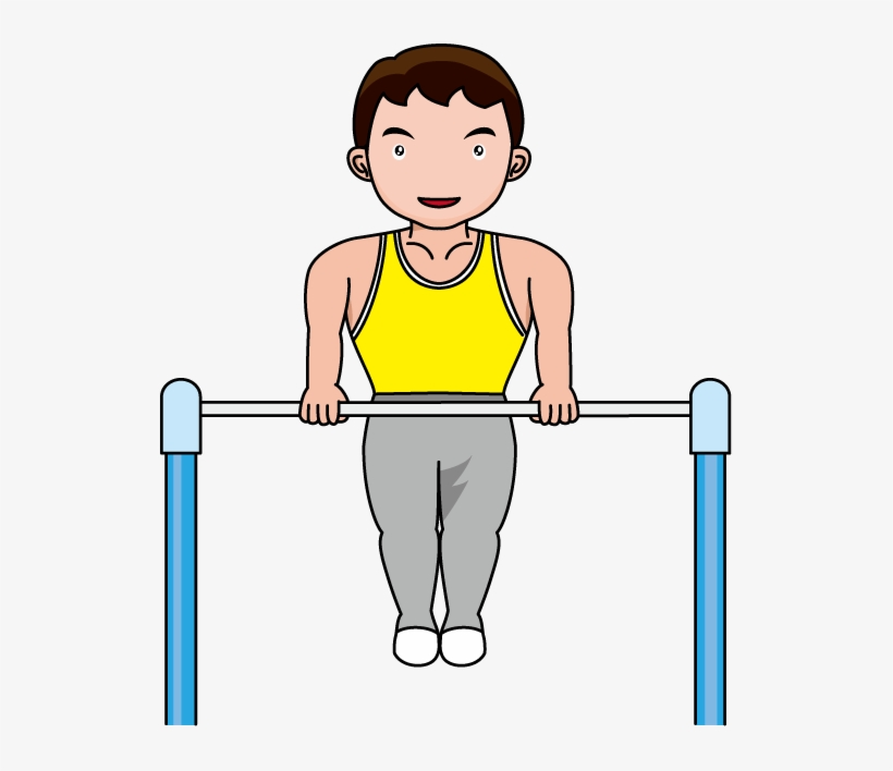 Cartoon boy in yellow tank top performing parallel bar dips with a smile.