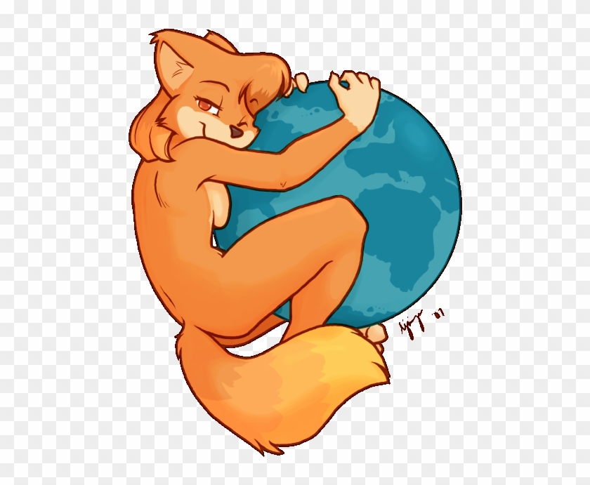 A cartoon fox hugging a globe with a determined expression.