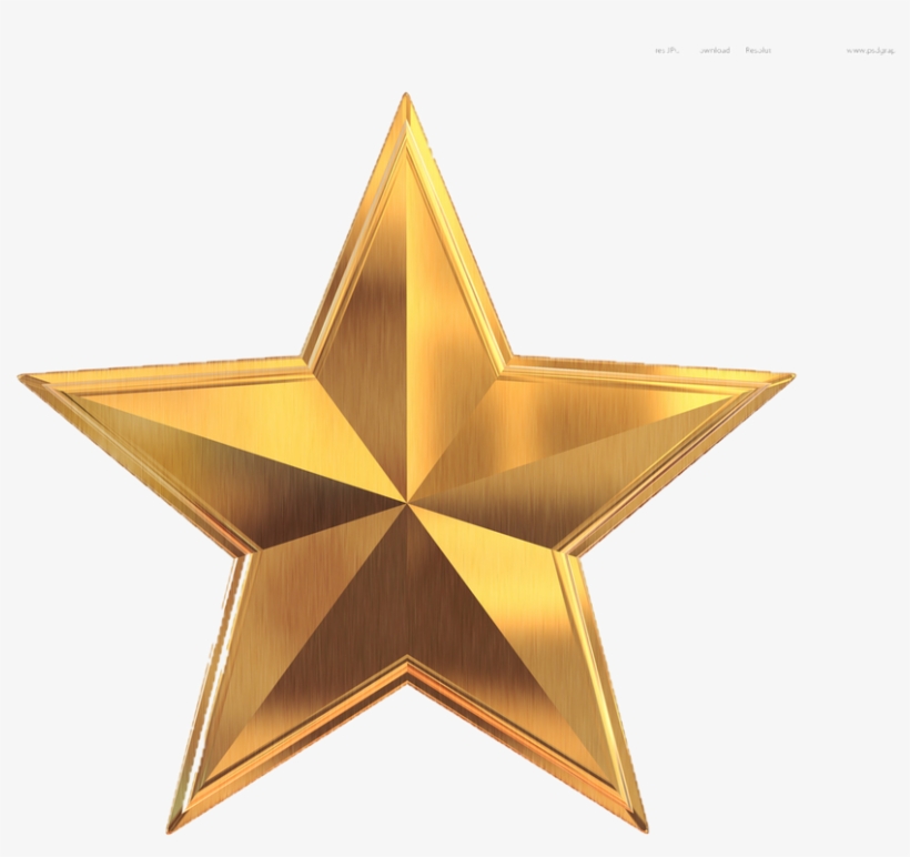 Shiny golden five-pointed star with metallic texture and 3D depth on white background.