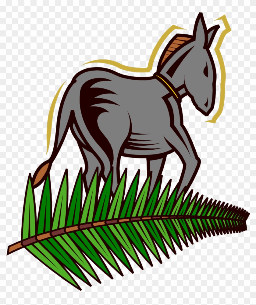 Gray donkey standing on a green palm frond with golden halo-like outline, stylized illustration.