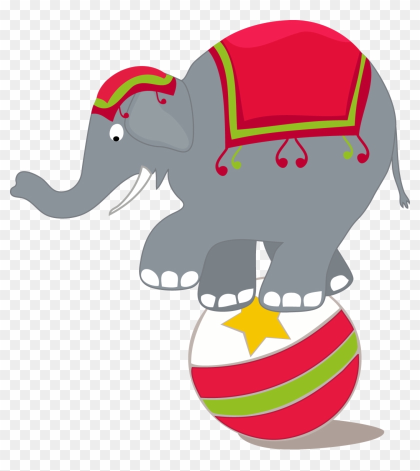 Circus elephant balancing on a striped ball with red cape and decorative headdress.
