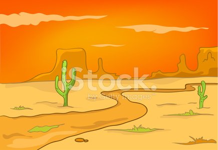 Cartoon-style desert landscape at sunset with cacti, winding path, and distant mesas under orange sky.