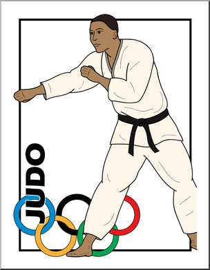 Judo athlete in white gi with black belt performing a stance, Olympic rings and "JUDO" text visible.