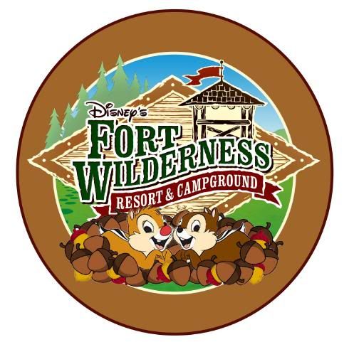 Disney's Fort Wilderness Resort & Campground logo featuring Chip 'n' Dale with acorns and a rustic lodge backdrop.