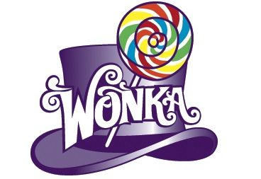 Purple top hat with "Wonka" script and a colorful swirl lollipop on top.