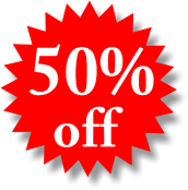 Red starburst graphic announcing "50% off" in bold white text.