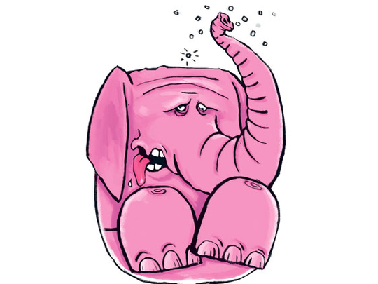 A cartoon pink elephant sitting dejectedly, sweating, with tongue out and raised trunk spraying droplets.