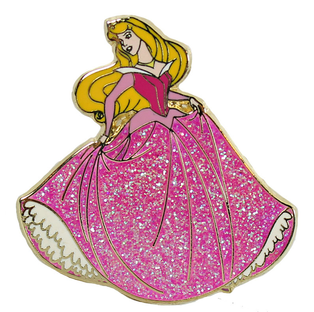 Disney Princess Aurora enamel pin with glittery pink gown and gold accents.