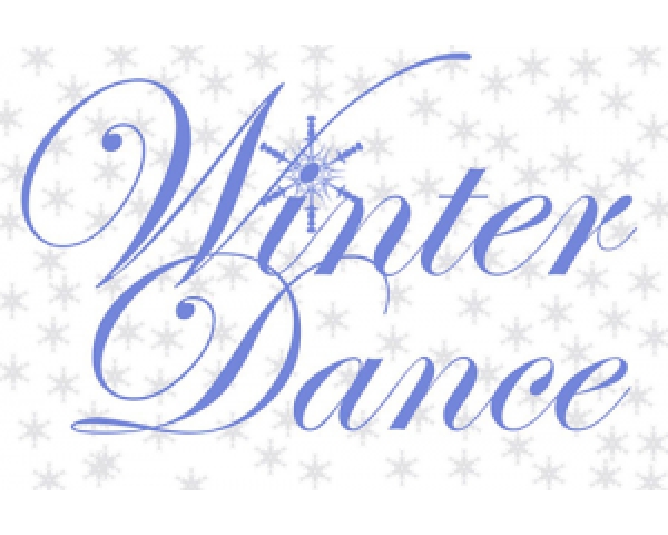 Elegant blue "Winter Dance" script with snowflake motif on light background.