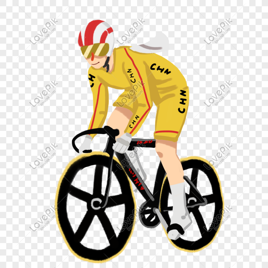Cyclist in yellow CHN racing suit and red-white helmet riding a track bike on transparent background.