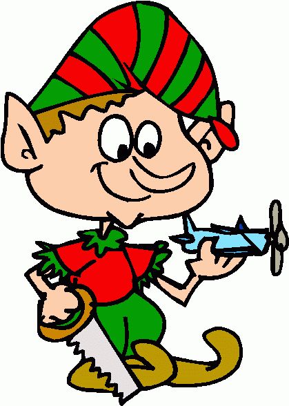 Cheerful cartoon elf in red-green striped hat holding a toy airplane and saw, smiling playfully.