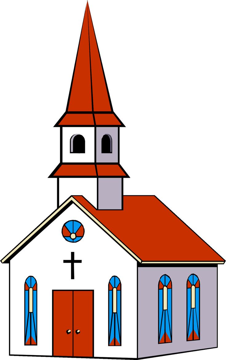 Simple cartoon-style church with red steeple, stained-glass windows, and cross on white facade.
