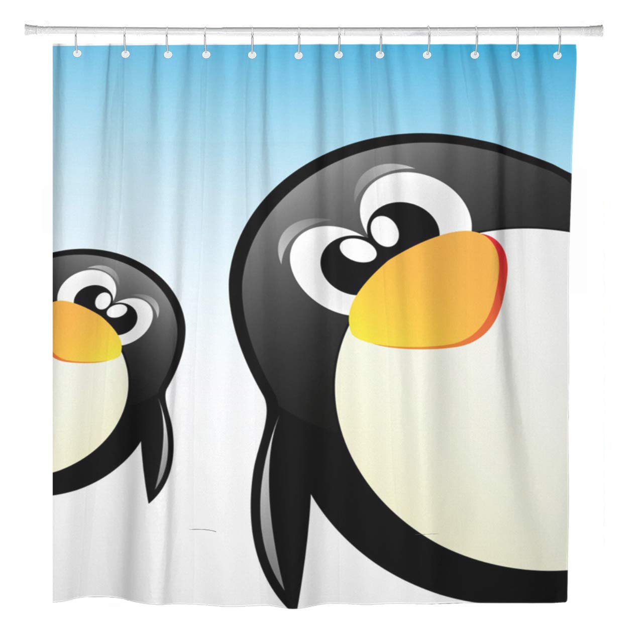 Cartoon penguin shower curtain with two friendly penguins on blue-to-white gradient background.