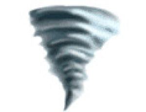 A stylized illustration of a swirling tornado with gray and blue tones against a white background.