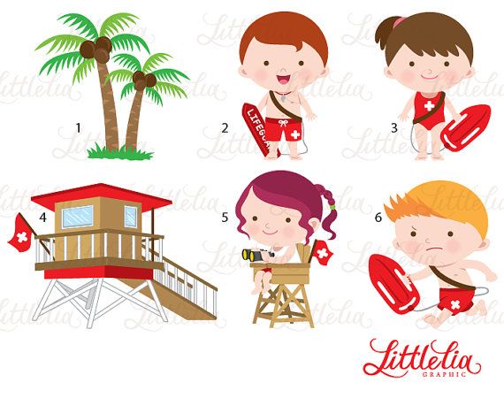 Six illustrated beach lifeguard-themed clipart items: palm trees, lifeguards with rescue buoys, and a lifeguard tower.