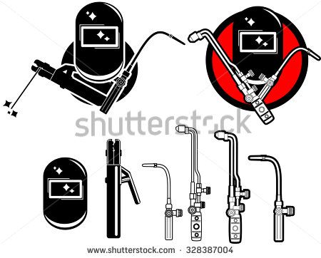 Welding helmets and torches in black-and-white vector illustrations, including a red-accented variant.