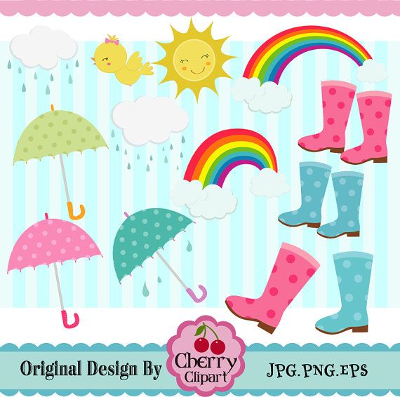 Cheerful spring-themed clipart set with rainbows, umbrellas, rain boots, sun, clouds, and a chick on striped background.