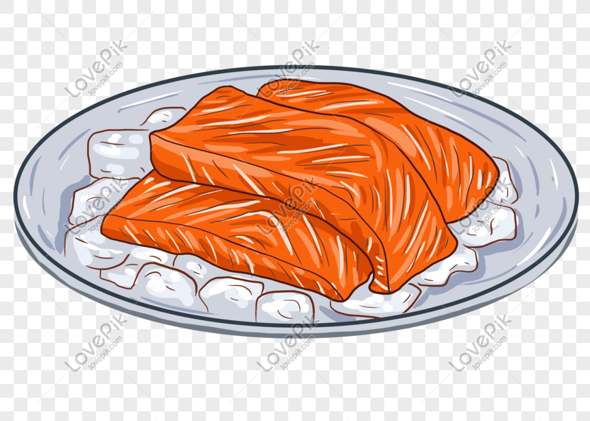 Two fresh salmon fillets on ice in a clear glass plate, vibrant orange with visible marbling.