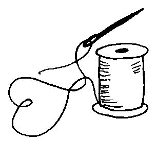 A simple line drawing of a needle threaded with string, resting beside a spool of thread.