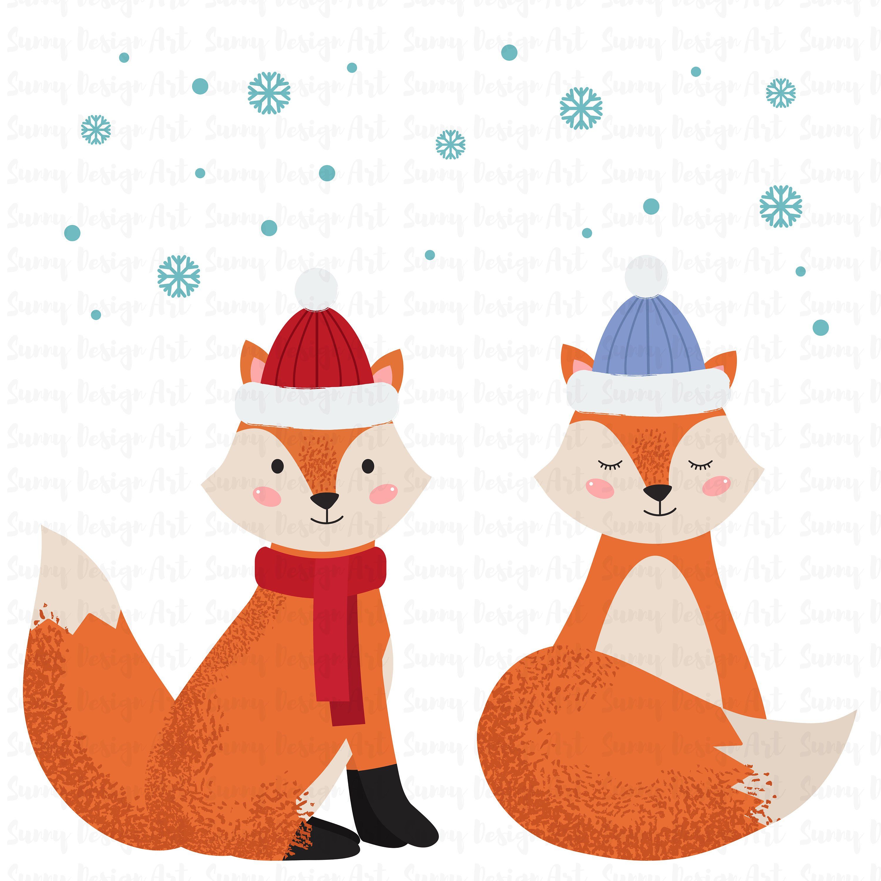 Two cute cartoon foxes in winter hats and scarves, snowflakes falling around them.