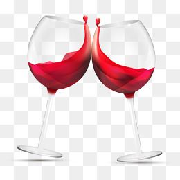 Two elegant wine glasses clinking with vibrant red wine splashing mid-air against a transparent background.