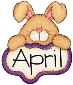Cute cartoon bunny holding a sign that says "April" in purple and cream colors.