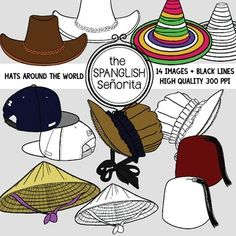 Collection of international hats including cowboy, sombrero, conical, beret, and more in color and black line versions.