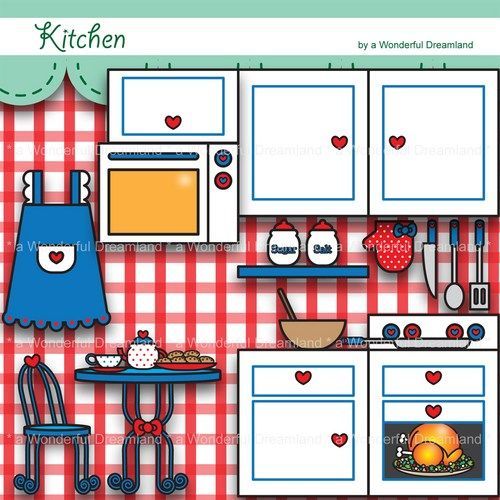 Cheerful cartoon kitchen clipart with red-and-white checkered wallpaper, blue apron, oven, cabinets, and cooking tools.