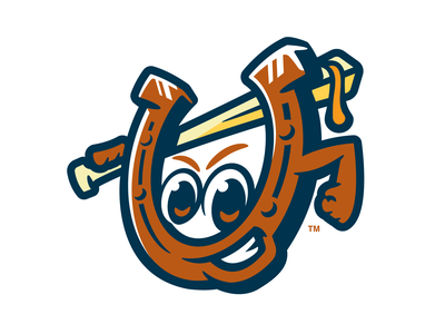 A cartoon horseshoe mascot with expressive eyes, holding a baseball bat and smiling energetically.